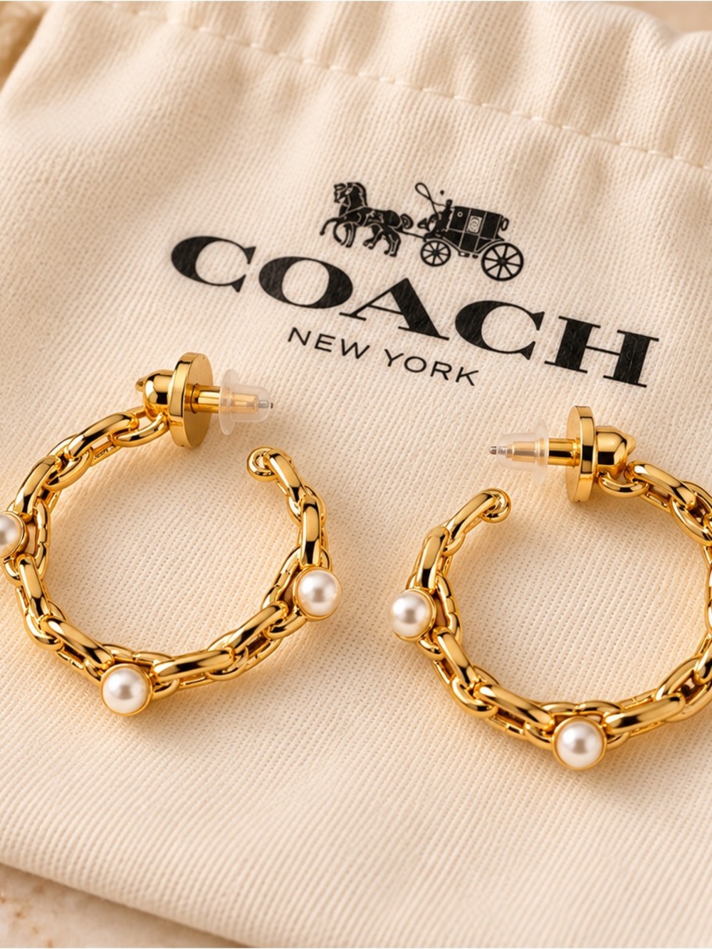 Coach Gold-Tone Hoop Earrings with Pearl Accents
